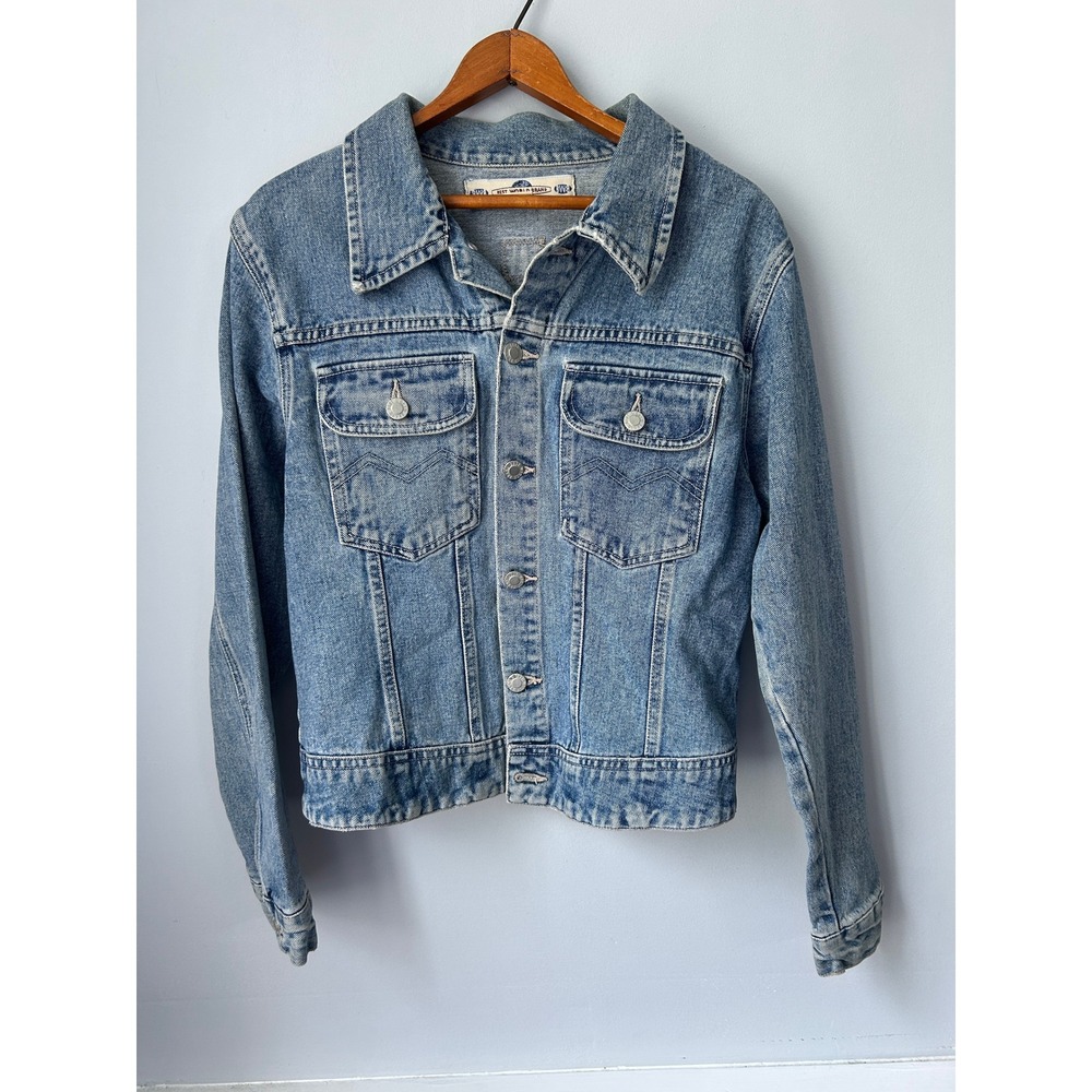 Best World Brand Vintage Denim Jacket Light Wash Cotton Trucker Large